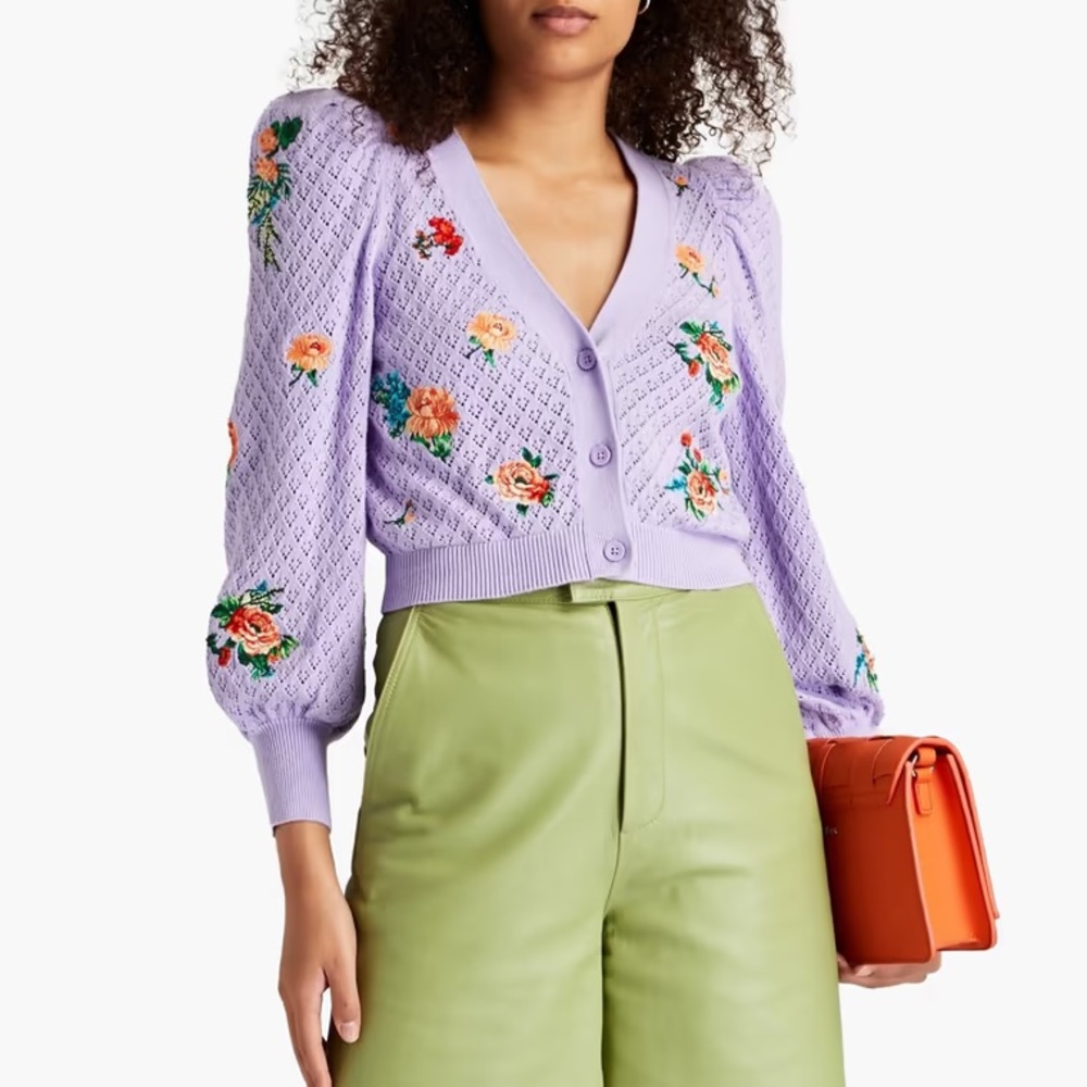 Alice and Olivia Morita Cropped Puff Sleeve Cardigan